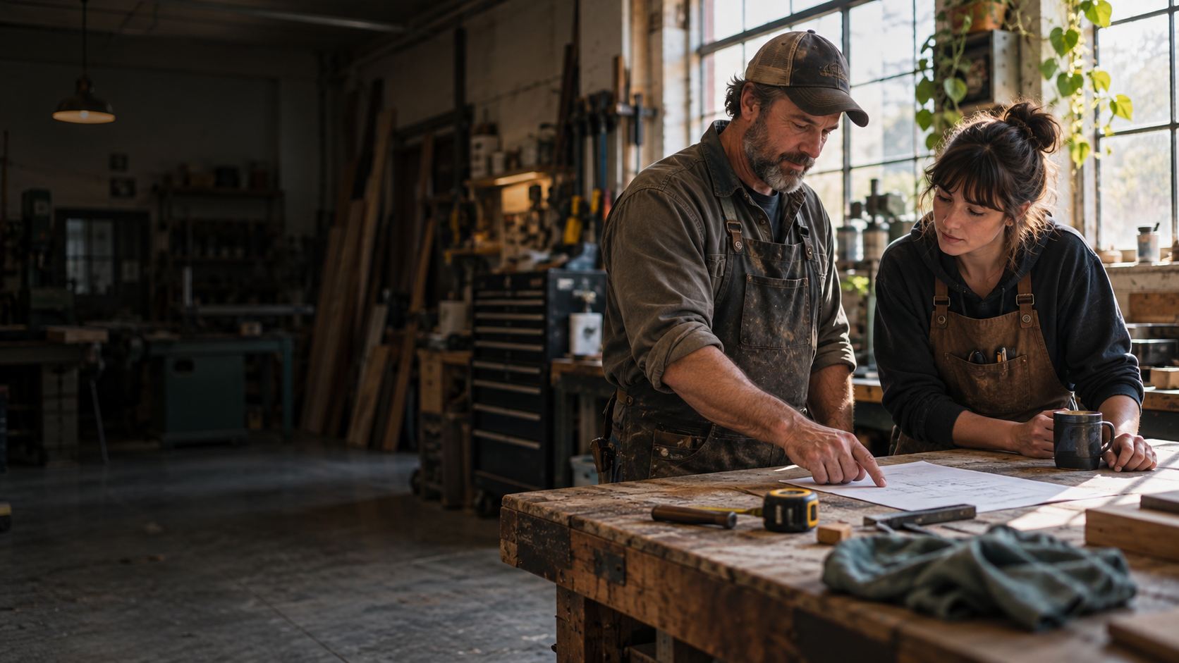 Two small-business owners reviewing the day's plans at a workshop bench