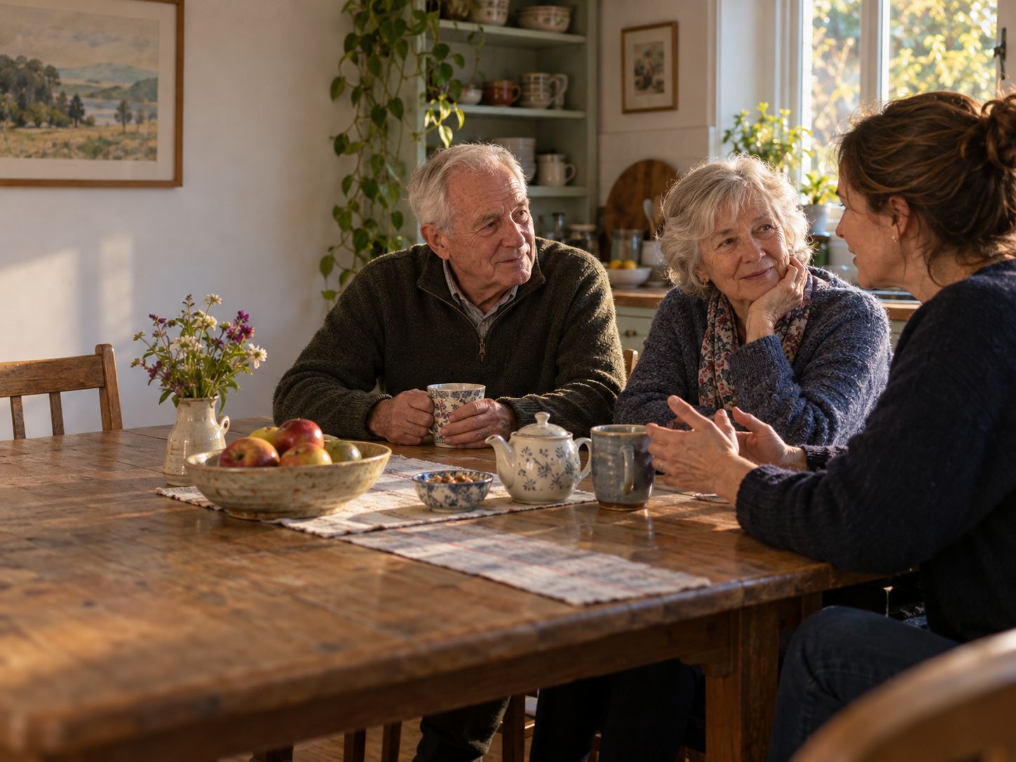 Family sharing a conversation at home