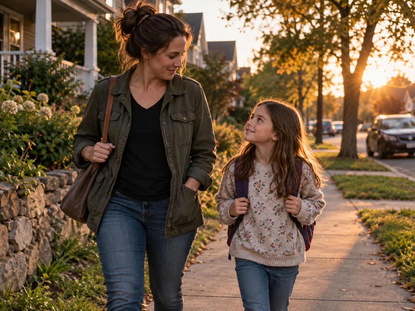 Parent and child walking home together